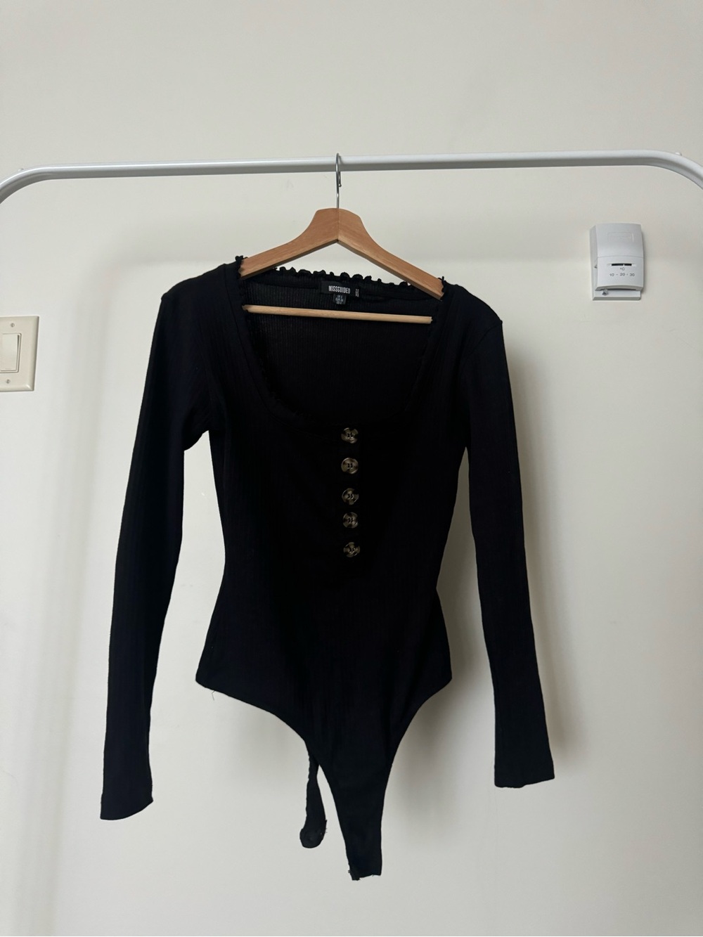 Missguided Plus Black Ribbed Long-Sleeve Bodysuit with Button Placket